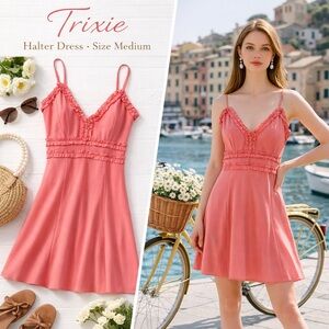 Trixie Pink Ruffle Halter Dress Size M Adjustable Straps Flowy Mini Boho